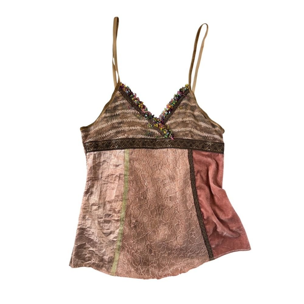 Y2K Boho Patchwork Velvet Lace Cami Top Mauve Brown Fringe V-Neck Whimsigoth